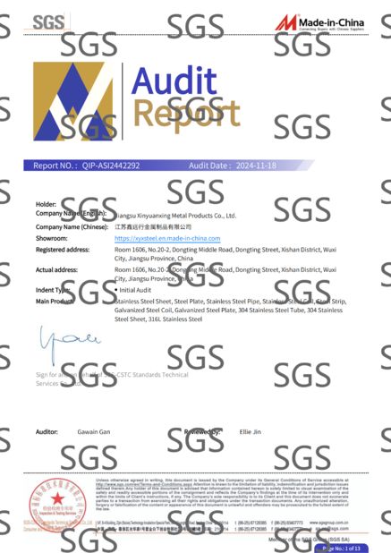 Trung Quốc Jiangsu Xinyuanxing Metal Products Co.,Ltd Chứng chỉ